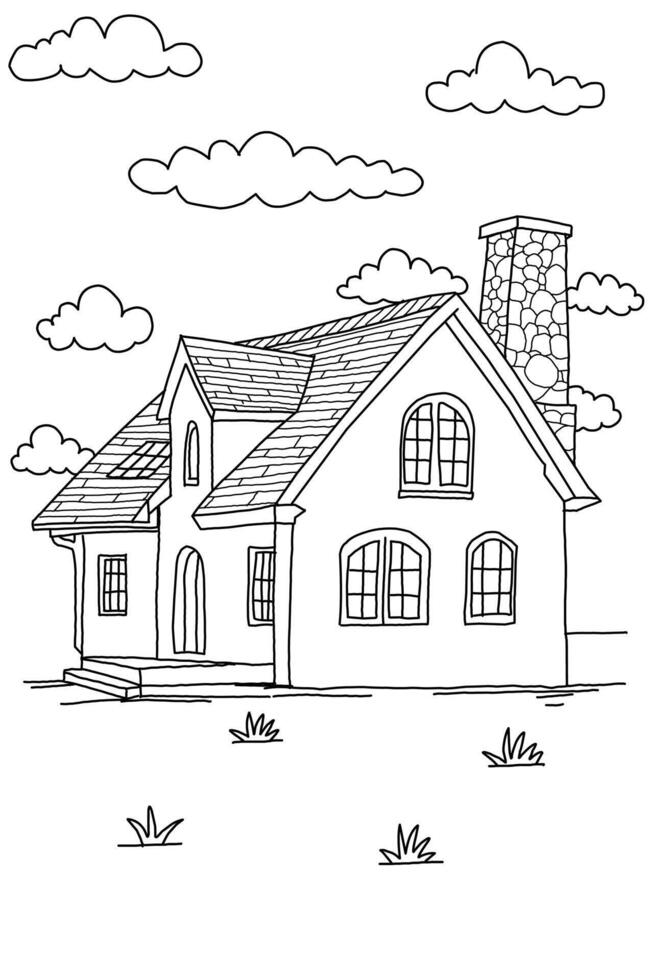 Coloring page classic With chimney house object for children. Black and white house sketch vector