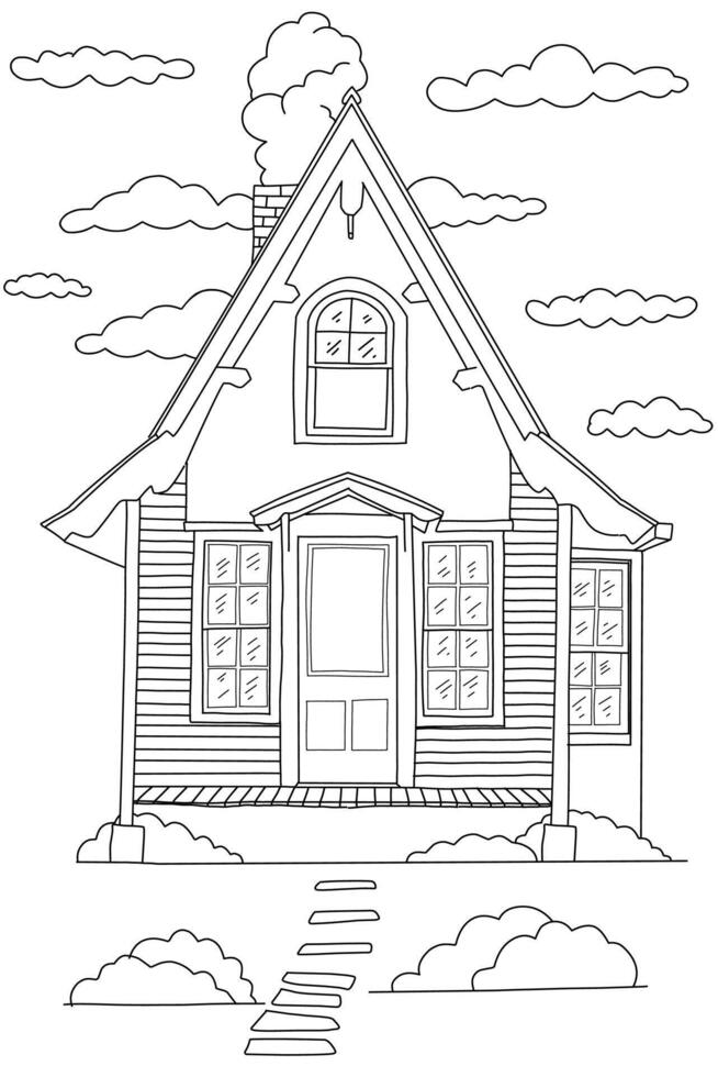 Black and white art line. Coloring page of wooden house and sky object for children vector
