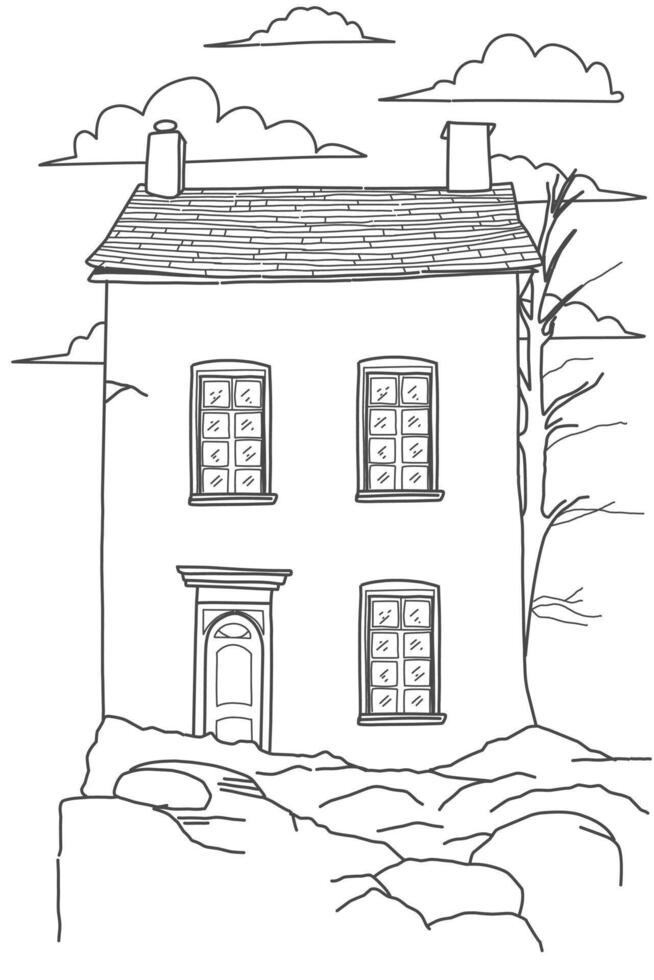 Coloring page Abandoned old house object for children. Black and white house sketch vector