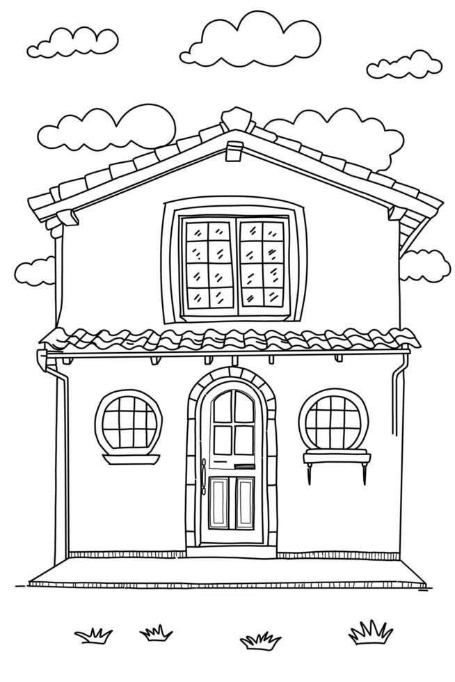 Black and white art line. Coloring page of wooden house with Round windows and sky object for children vector