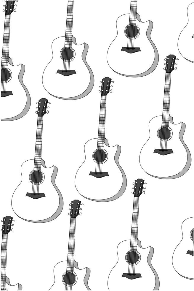 Hand drawing black and white accoustic guitar pattern on white background vector