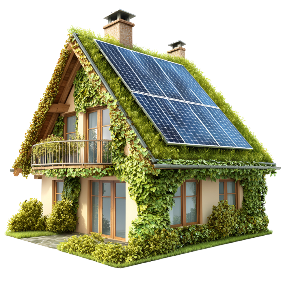 Sustainable Home Featuring Solar Panels And A Green Roof On Transparent Background png
