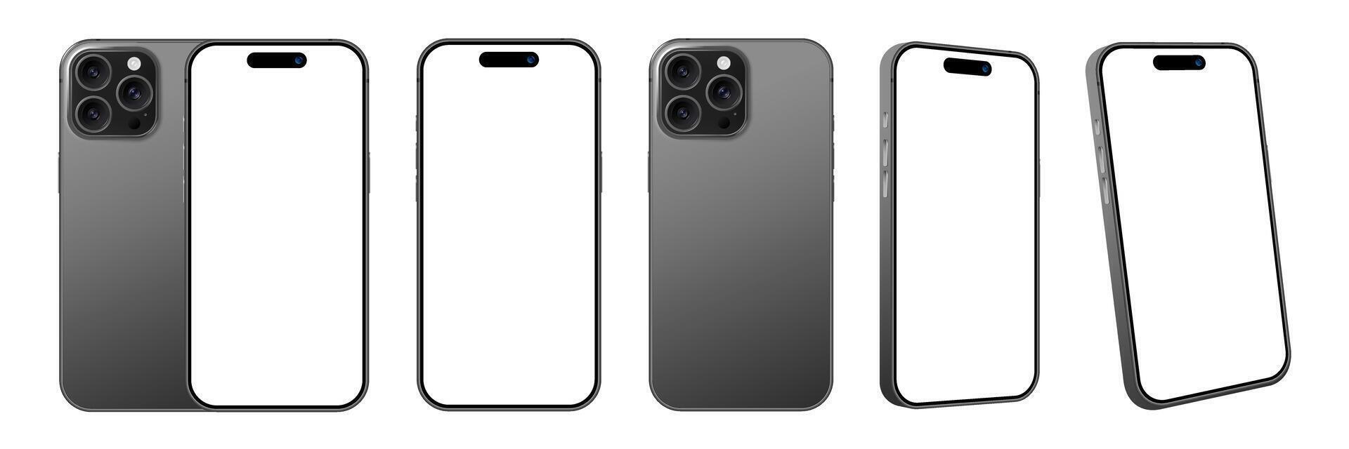 Realistic mobile phone 3d devices with blank display mockup set. Collection of smartphones with front, back and side angle for advertisement illustration vector