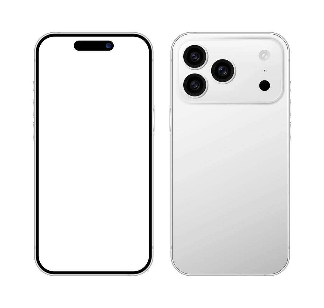 Latest 2025 Smartphone Device Front Back View Illustration. Realistic Mobile Phone Blank Display Template With Camera vector