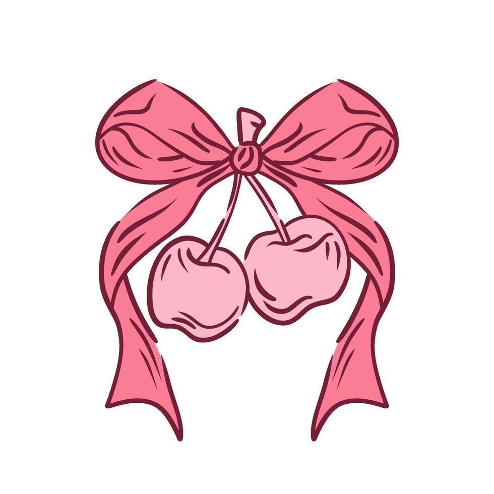 Coquette cherry with bow. Hand drawn line art illustration cherry on white background. Doodle trendy girly berry. Decoration for invitations templates. Vintage elegant . vector