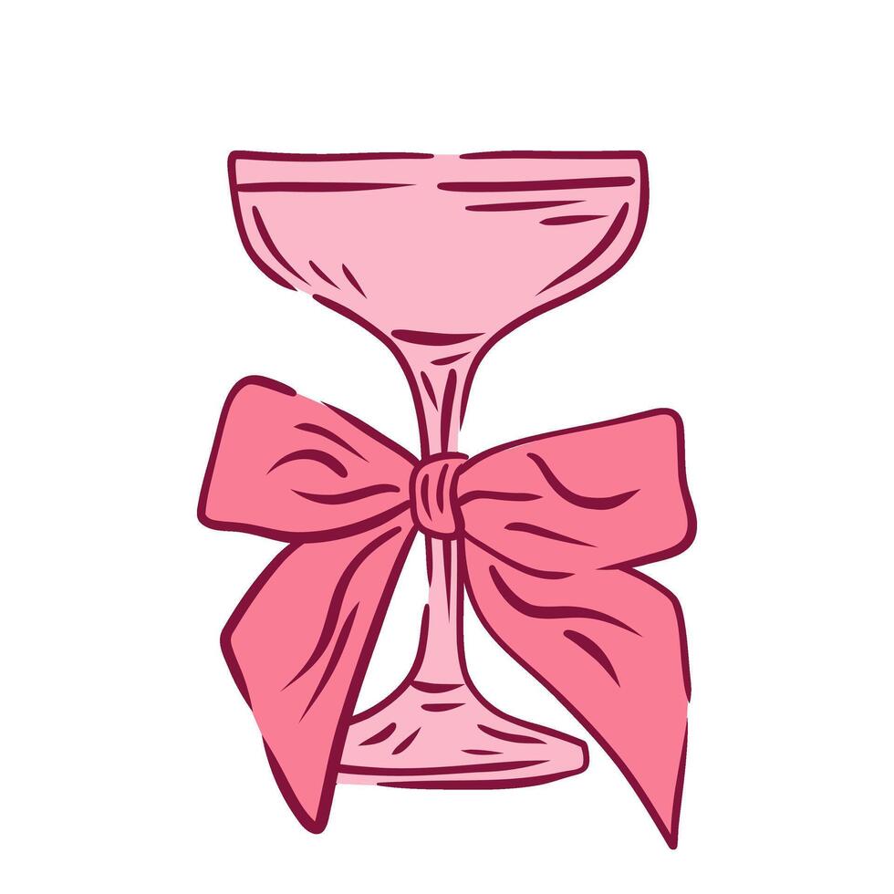 Coquette glass with bow. Girly Vibe. Aesthetic cocktails. Cute aesthetic glasses with ribbon in sketch style. Decoration bachelorette party elements for wedding invitations. vector