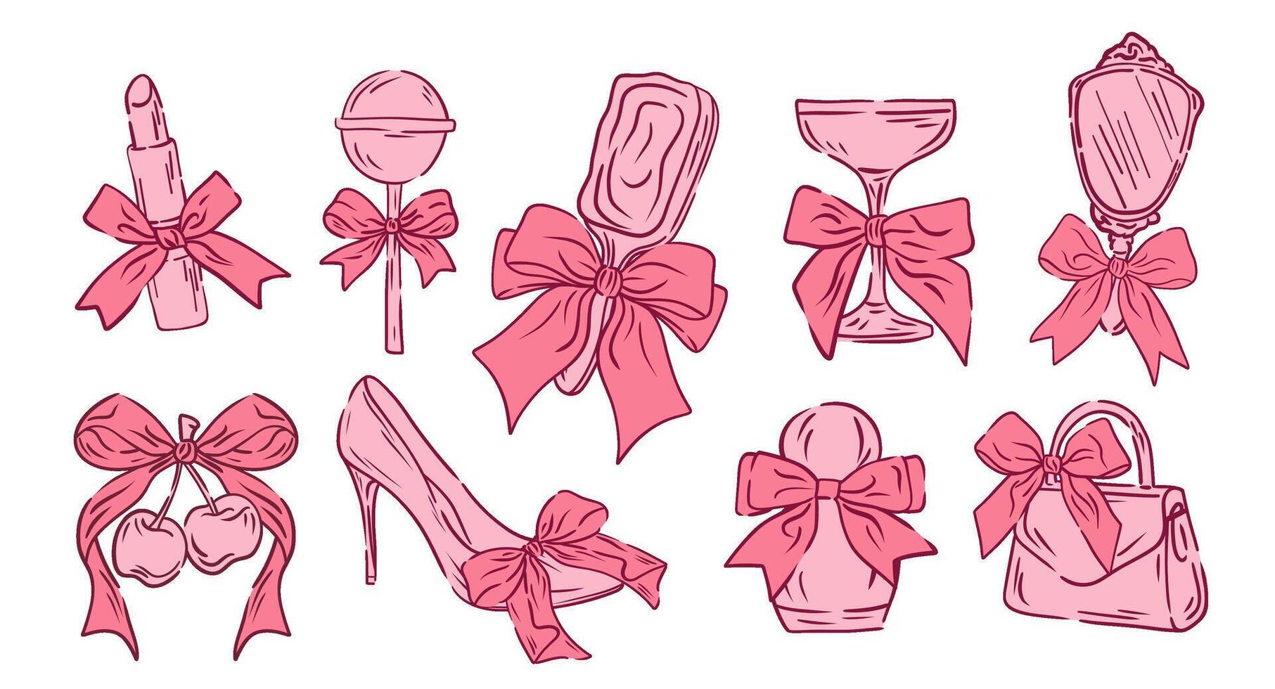 Set flat coquette girly elements. Hand drawn Aesthetic elegant decor for Valentine and wedding, cards, poster. Line art of shoes, lipstick, perfume, cherry, bag, glass. vector