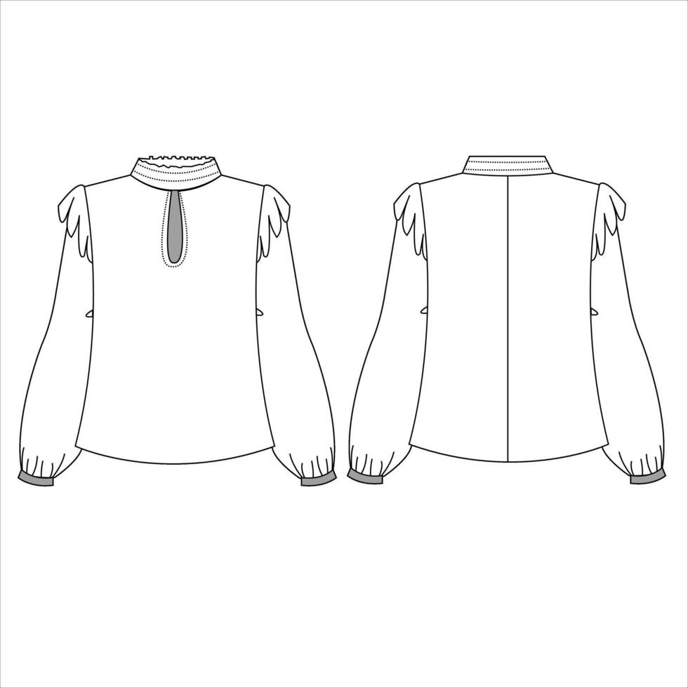 long sleeved oversized top fashion CAD, woman boxy shape round neck with frill details shirt technical drawing, template, mock up, flat sketch vector