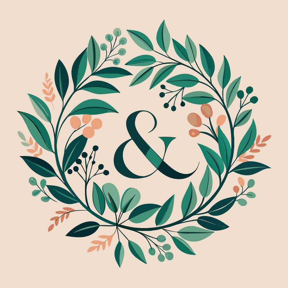 Serene Botanical Wreath Enchanting with Floral Monogram Typography vector