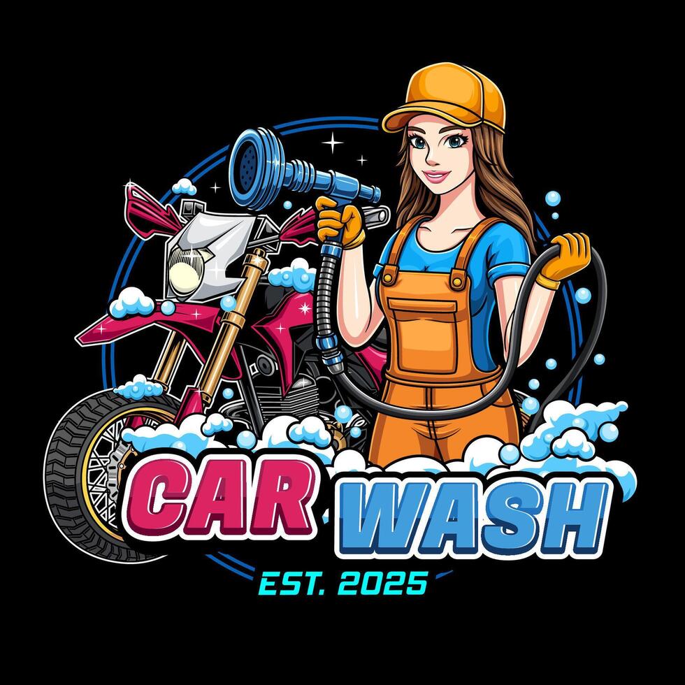 Female character for car wash business with additional motorbike illustration vector