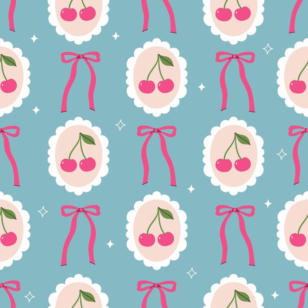 Seamless pattern of cherries in oval frames and bows. graphics. vector