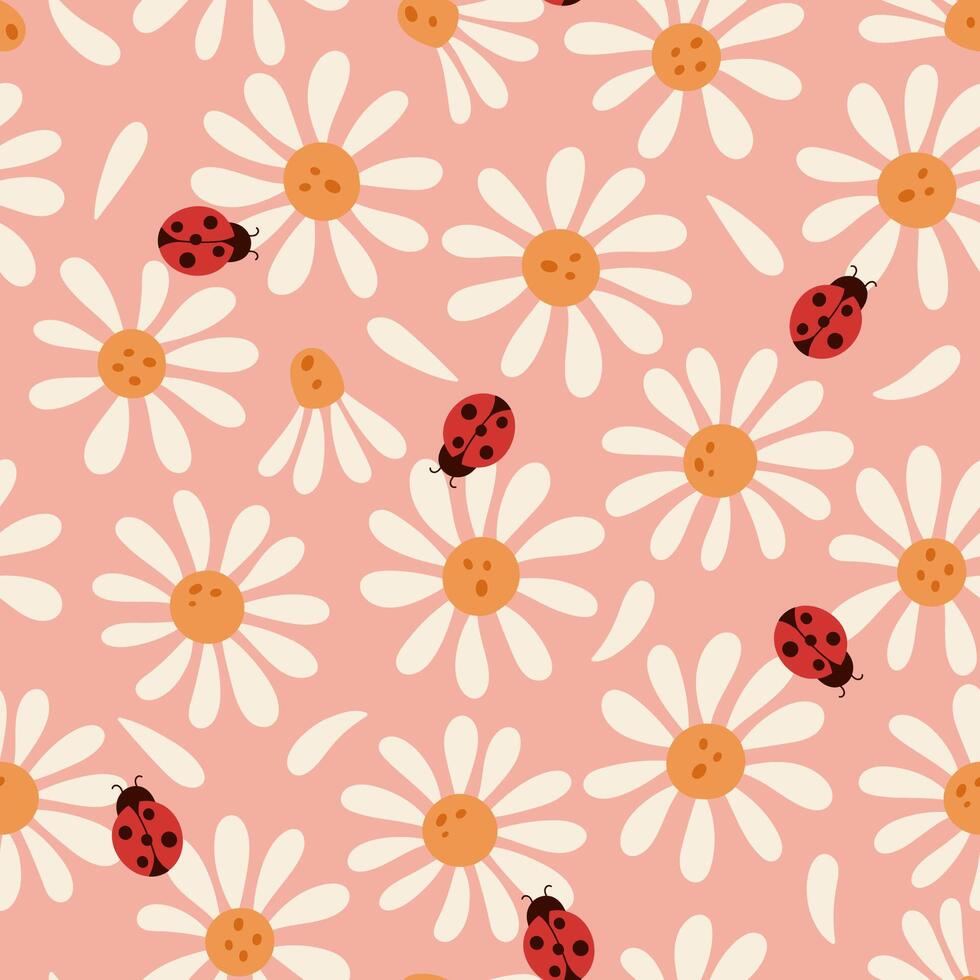 Seamless pattern with ladybugs and daisies. graphics. vector