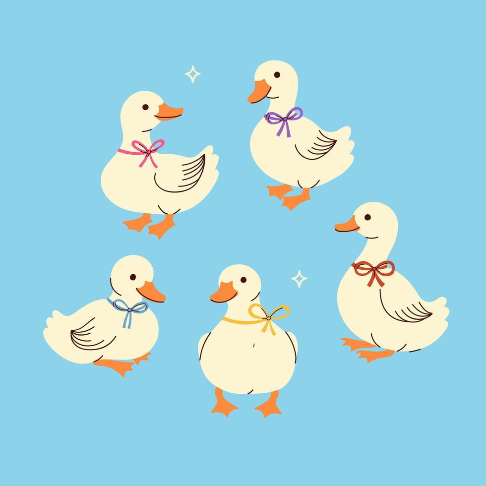 Set of cute white ducks with bows on their necks. graphics. vector