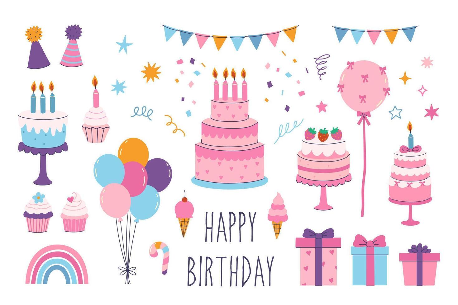 Set of birthday celebration graphics on white background. graphics. vector