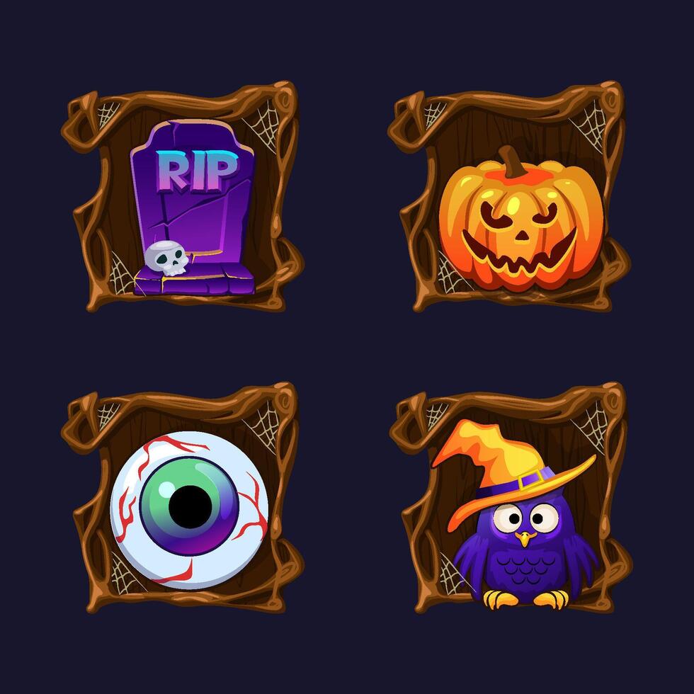 Four Halloween icons or symbols in Spooky frame tree design for decoration elements design greeting cards, invitation, print, game elements or slot symbols. RIP, pumpkin, eye and cartoon own. vector