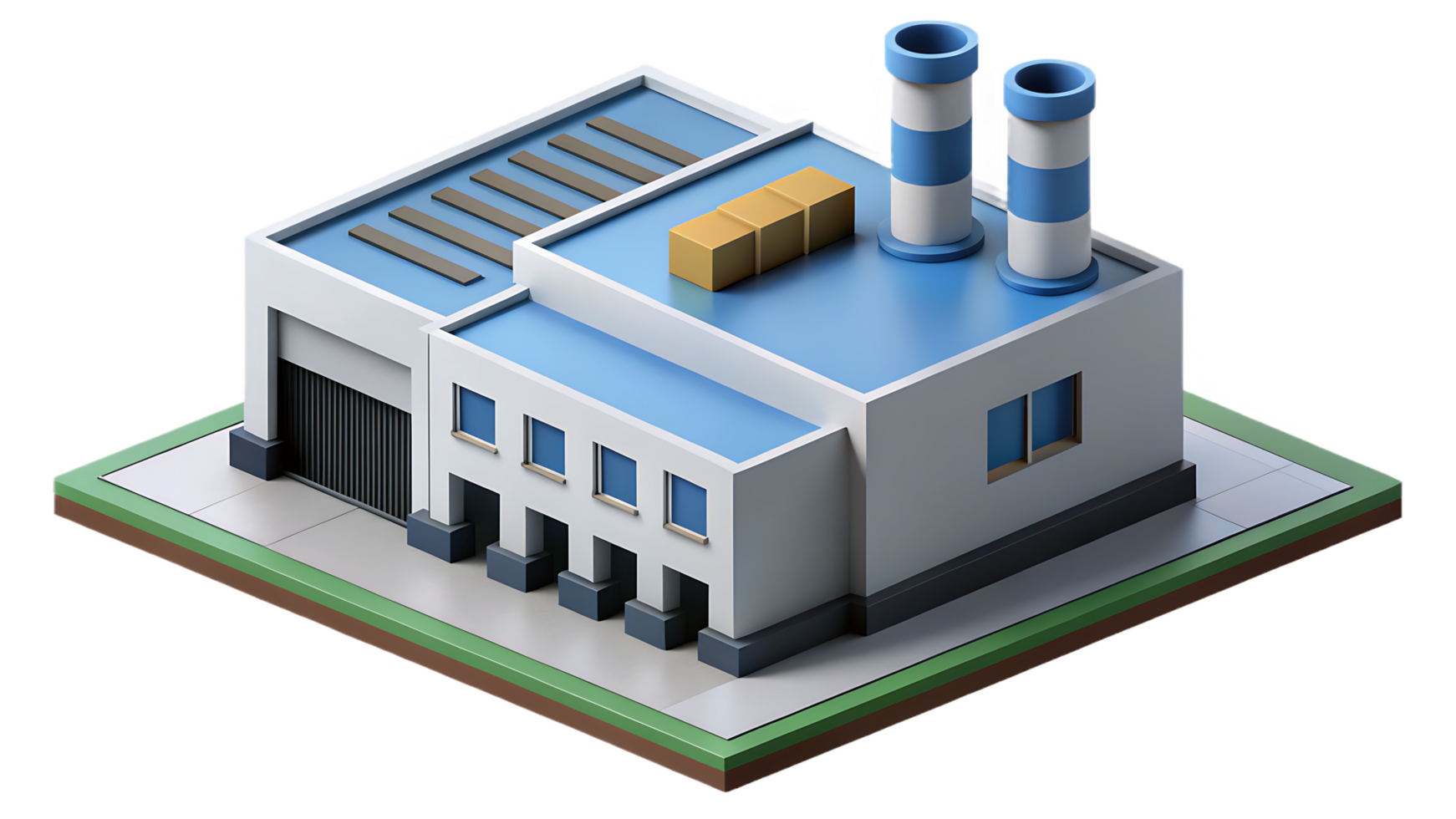 Exterior scene of a modern factory building, symbolizing industry and production. png
