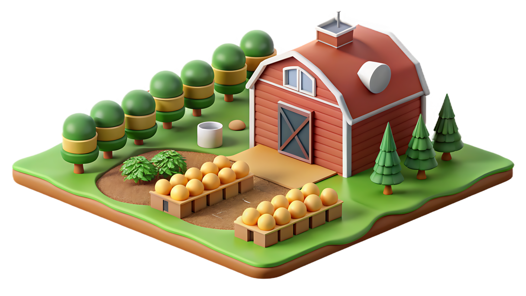 Rural farm scene with barn and field, symbolizing agriculture and rural life. png