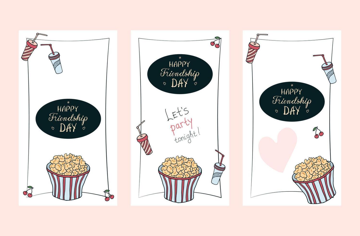 Set of hand drawn Friendship Day posters, invitations, greeting cards, stories templates in various designs, cute doodle popcorn bucket, paper cold drink cups, hand written greetings, empty space vector