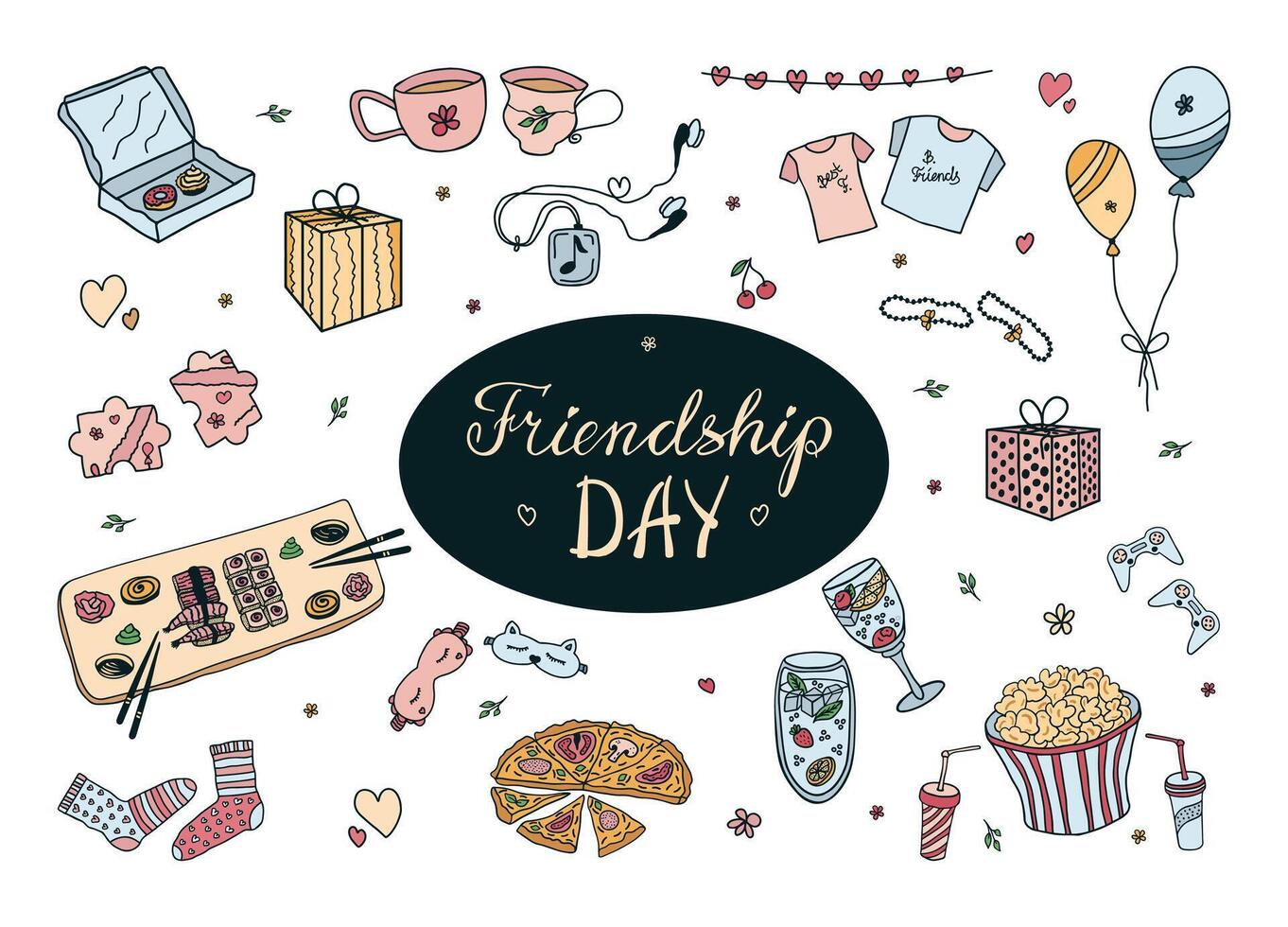 Set of Friendship Day colorful clipart. Hand drawn Friendship Day doodle cute symbols, Best Friends elements, accessories, symbols of friendship, camaraderie, leisure, hobbies for design. vector