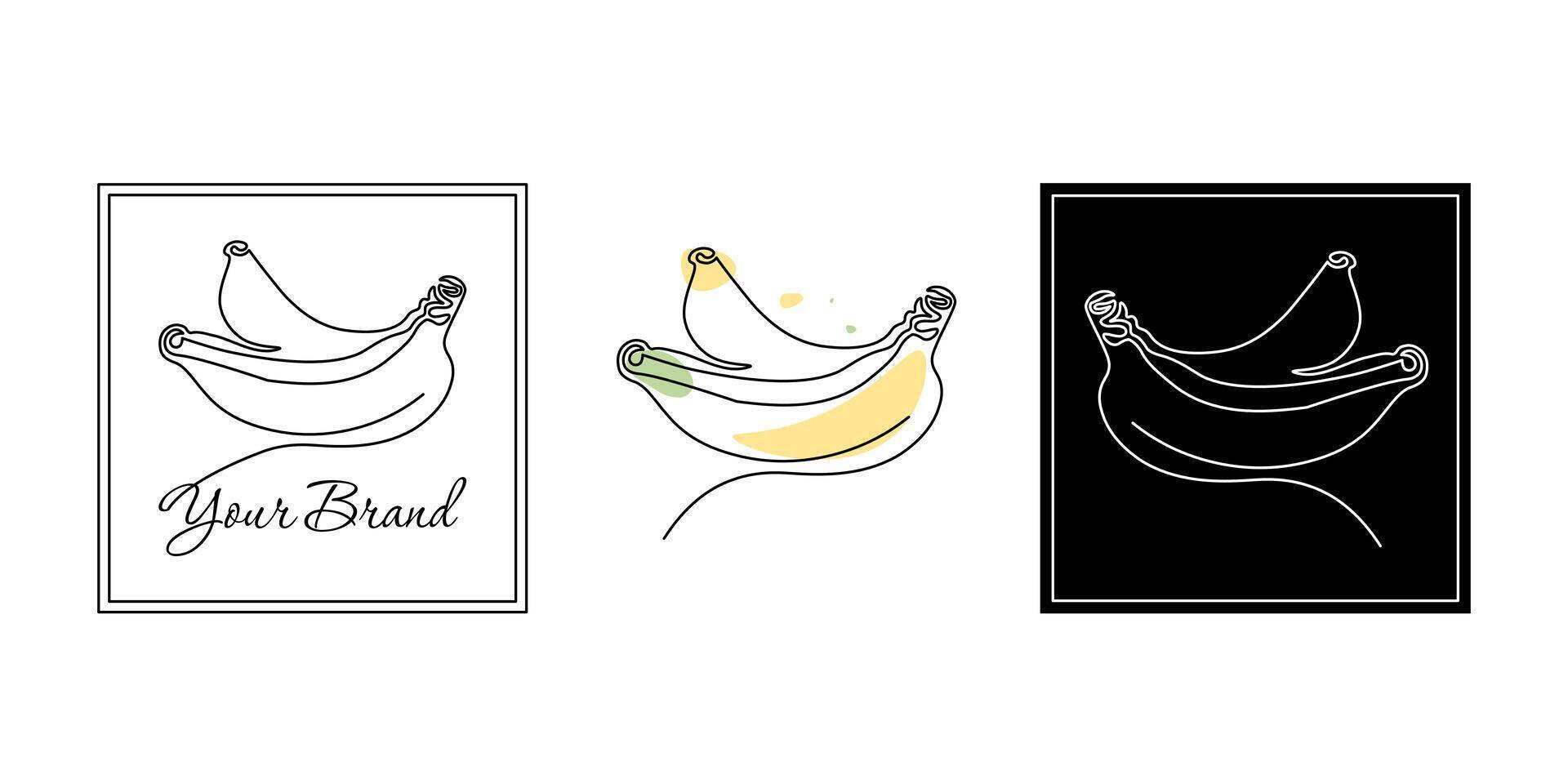 Set of minimalistic continuous line art of two bananas for the logo in various designs. Banana in one line art style. Isolated on white background vector
