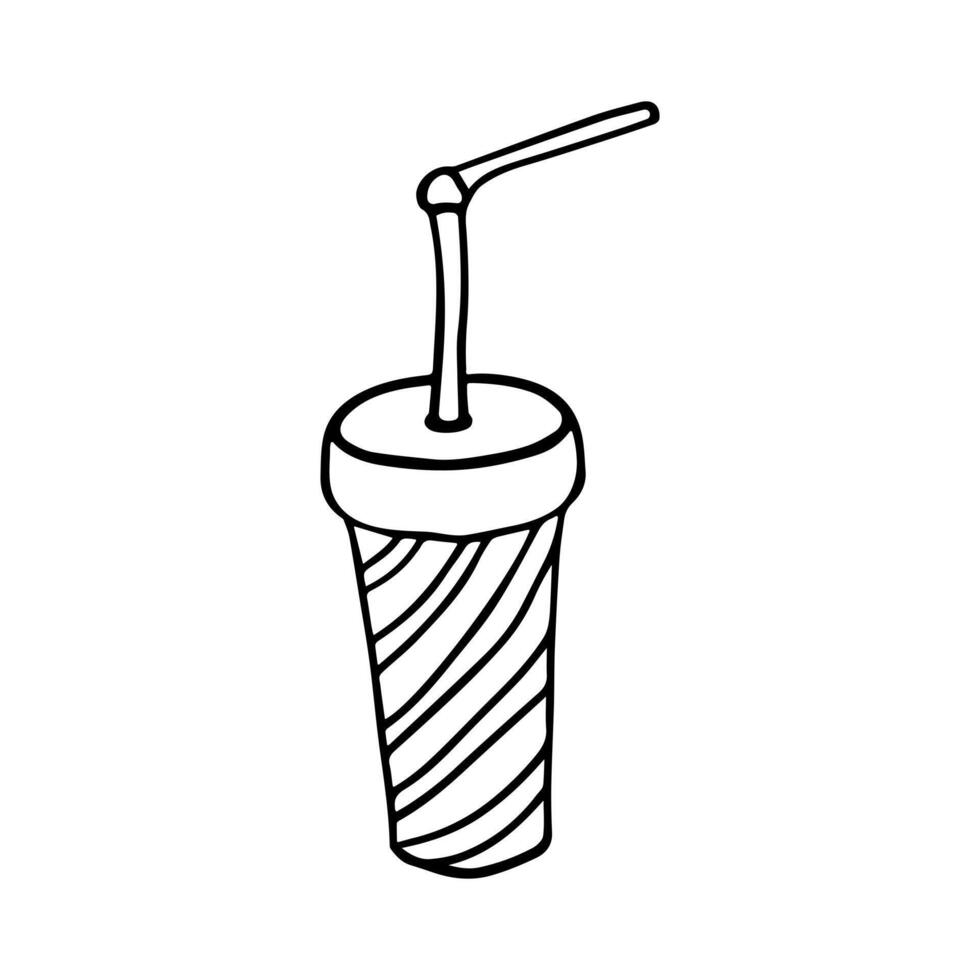 Hand drawn doodle simple disposable striped paper cup for soda, cold drink with drinking straw. Isolated on white background vector