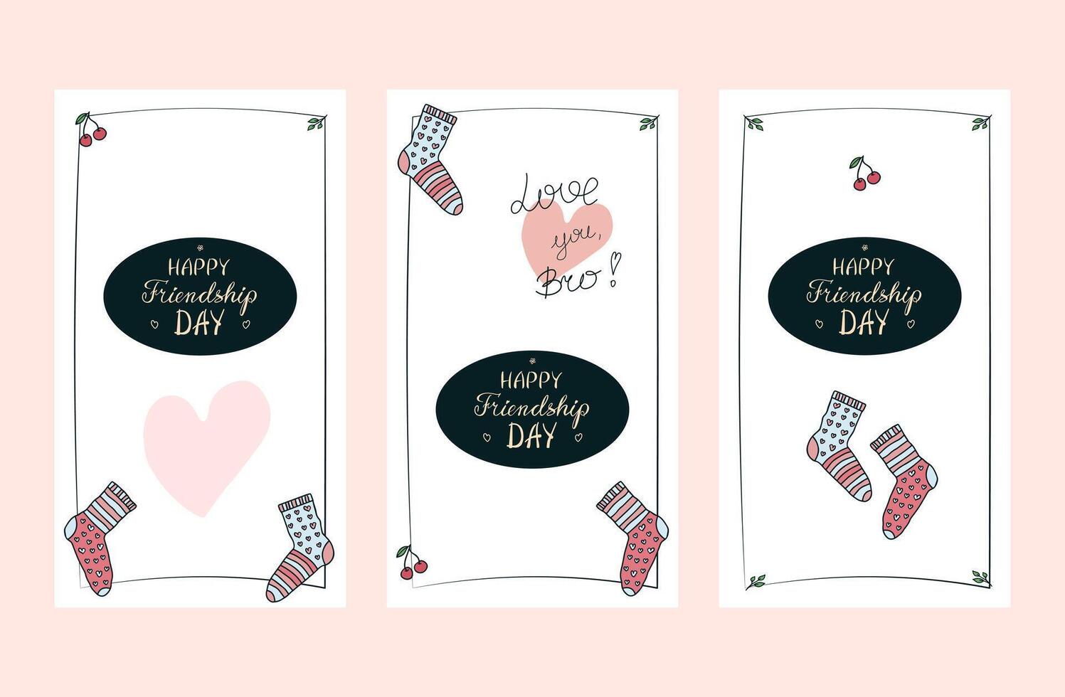 Set of hand drawn Friendship Day posters, invitations, greeting cards, stories templates in various designs, cute doodle socks, hand written greetings, empty space vector