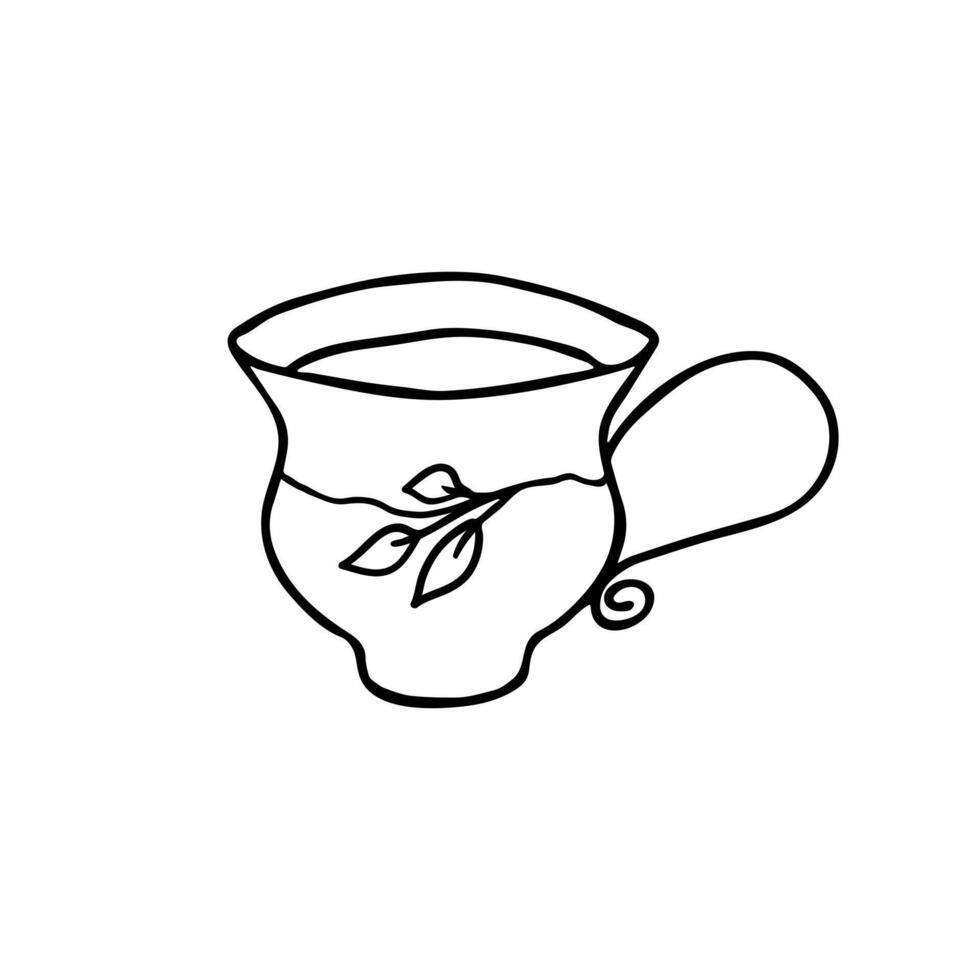 Hand drawn doodle hot drink cup with leaf design on stem. A mug of coffee or tea with leaves pattern on stem. Isolated on white background vector