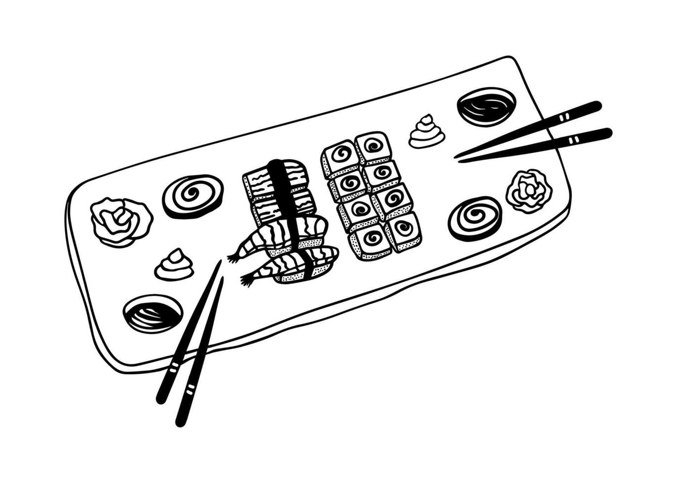 Hand drawn doodle set of sushi, rolls on plate, served for two, salmon, shrimp, rice, wasabi, chopsticks, soy sauce, ginger. Asian food. Isolated on white background vector