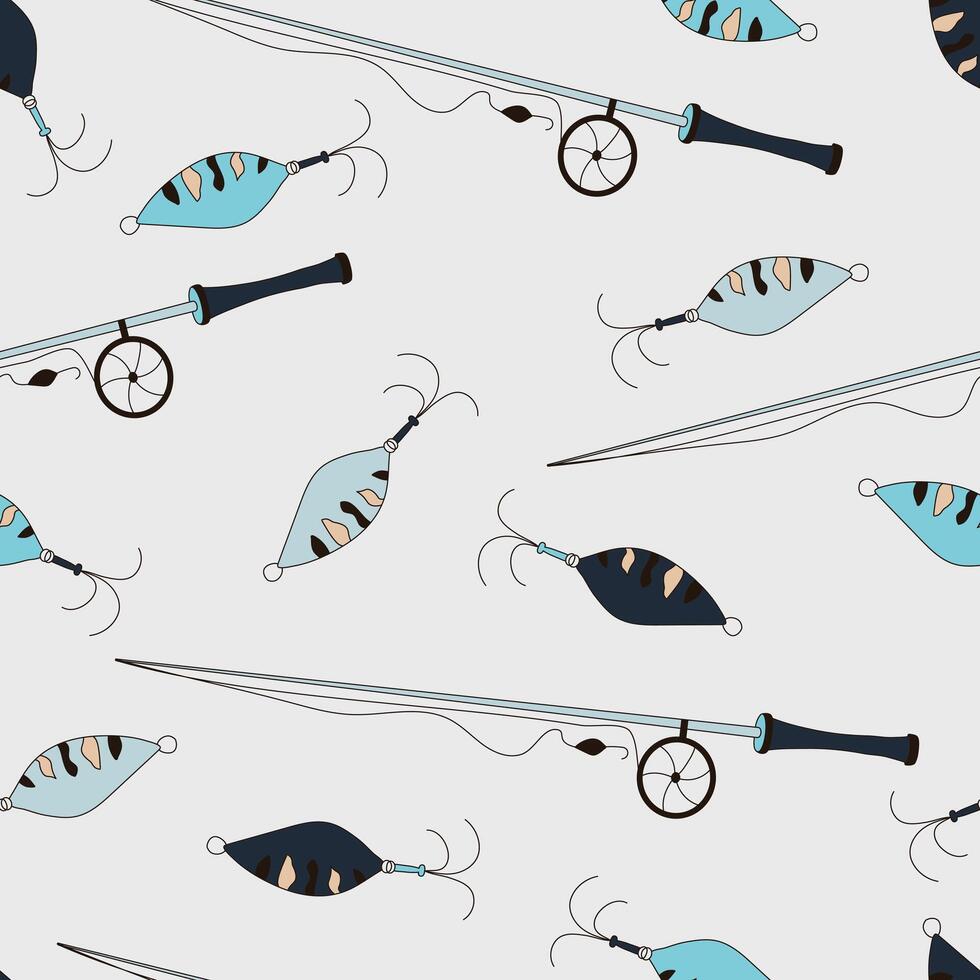 Seamless pattern with doodle fishing rod with reel, fishing line, hook, bait. Angler equipment, fish catching tool, spinner vector
