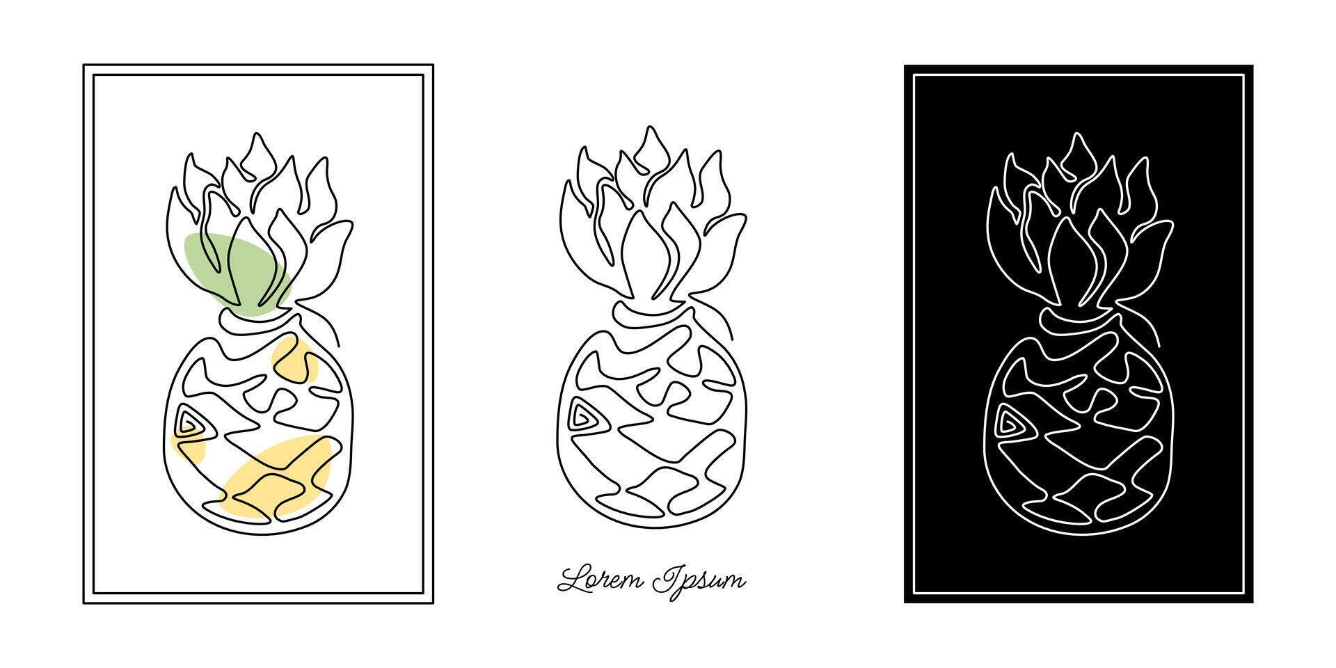 Set of minimalistic continuous line art of pineapple for the logo in various designs. Ananas in one line art style. Isolated on white background vector