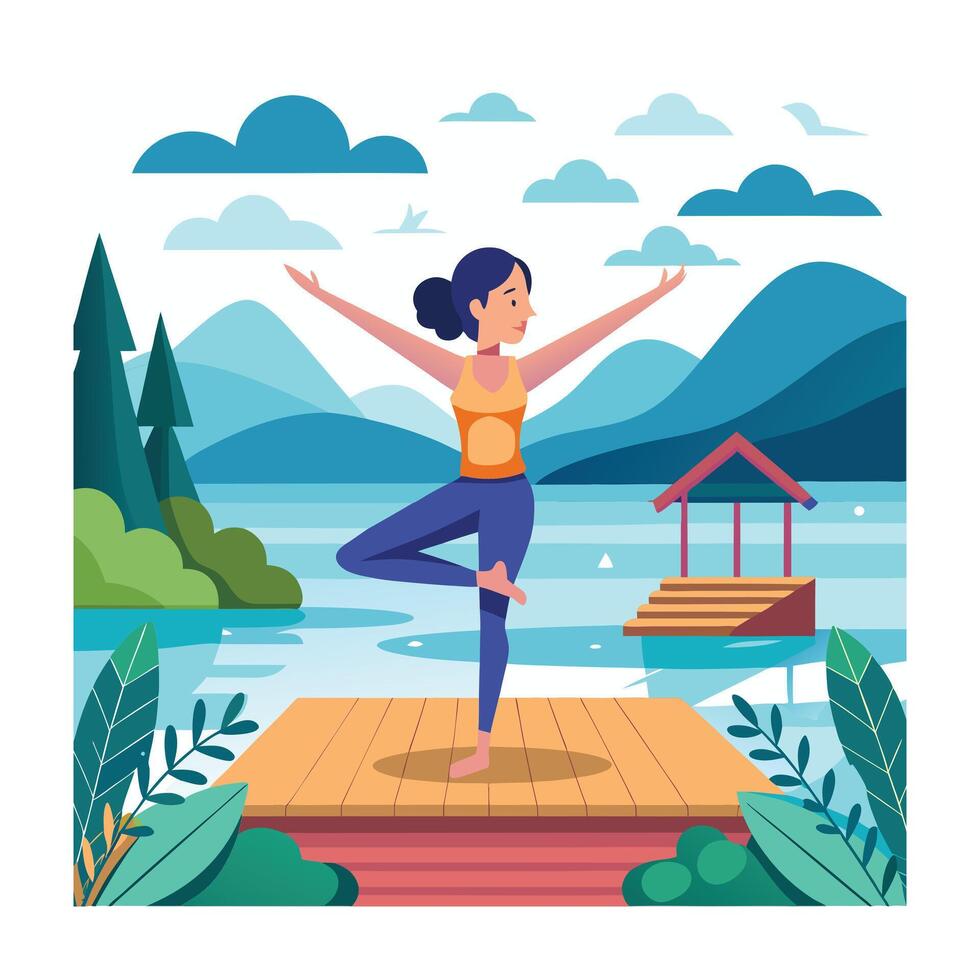 Woman Practicing Yoga on a Lake Deck Peaceful Wellness Illustration vector