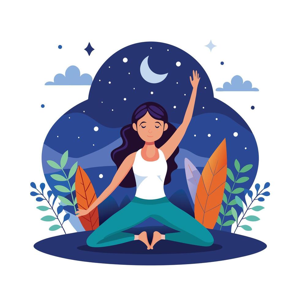 Woman meditating under the night sky peaceful yoga pose illustration vector