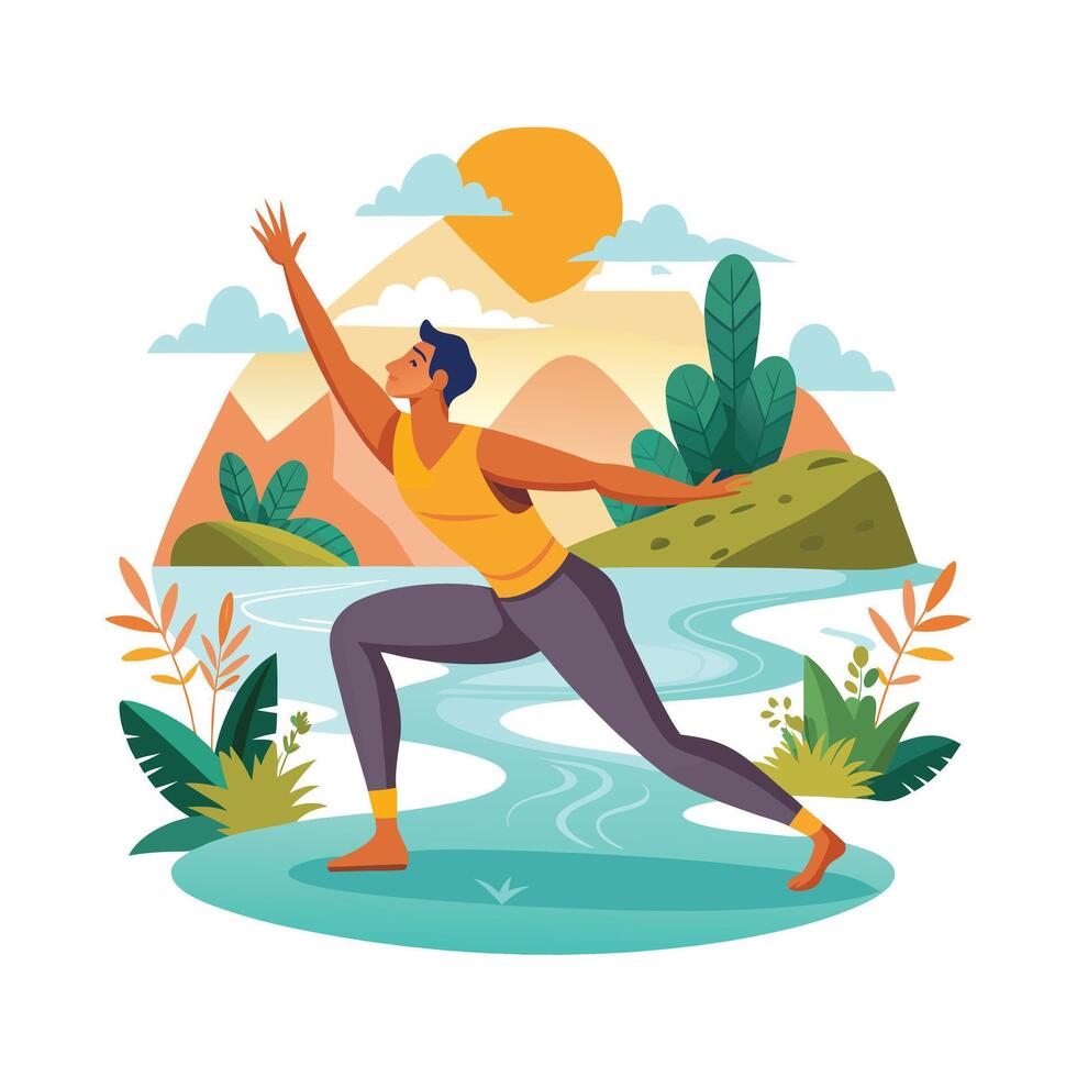 Fitness Yoga Wellness Exercise Nature Man practicing yoga pose by the lake at sunrise perfect for health and wellness content vector