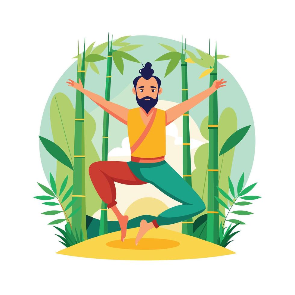 Yoga and Wellness Serene Man Meditating in Bamboo Forest vector