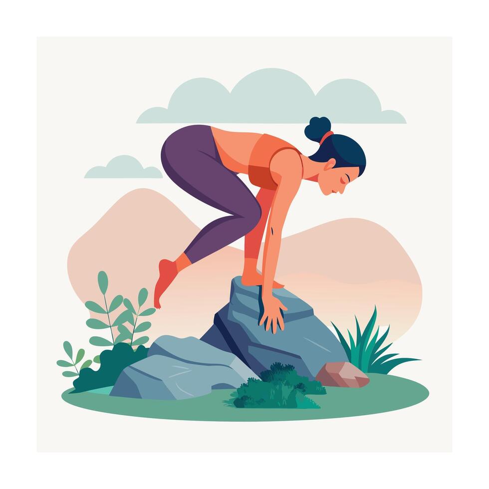 Woman Practicing Yoga Pose Outdoors on Rocks Fitness Wellness Nature Balance vector