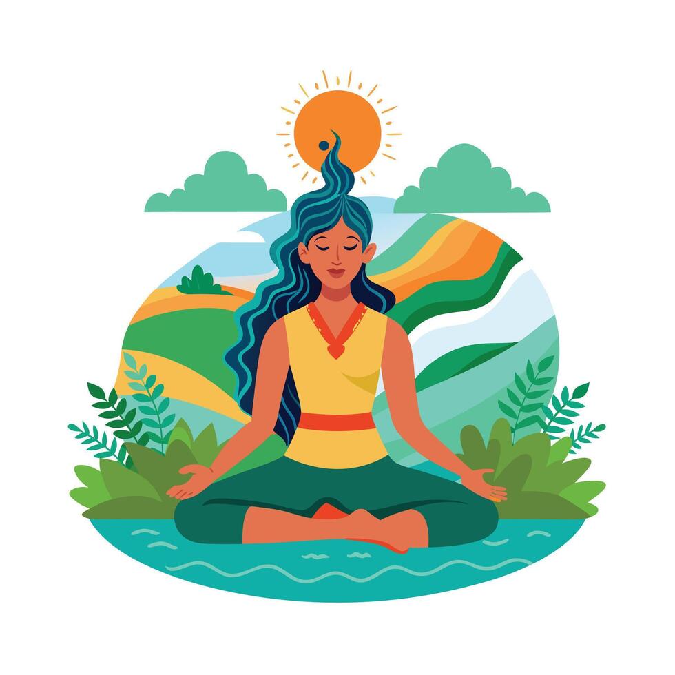 Woman Meditating in Nature Peaceful Yoga and Mindfulness Illustration vector