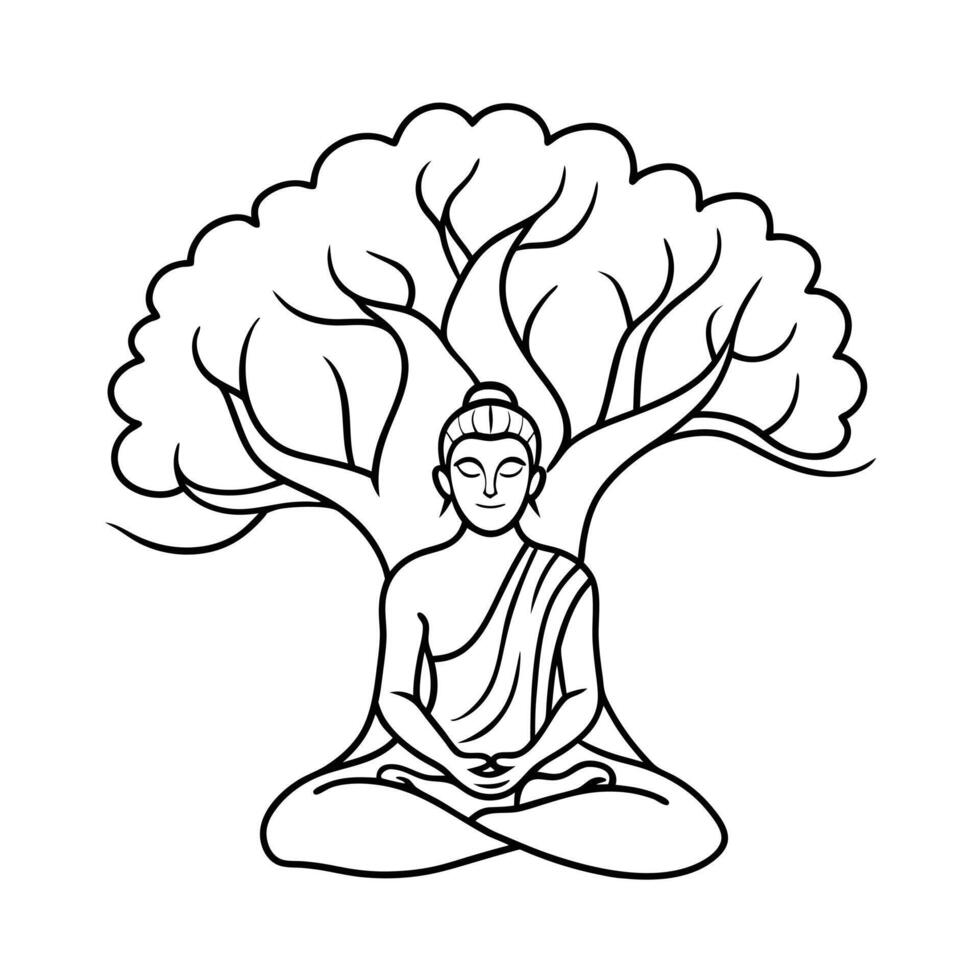 Serene Buddha Under Bodhi Tree Meditation Mindfulness Spiritual Art vector