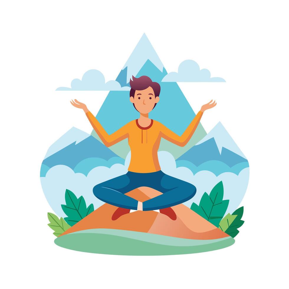 Person Meditating on Mountaintop Tranquil Yoga Pose in Serene Nature Scene vector