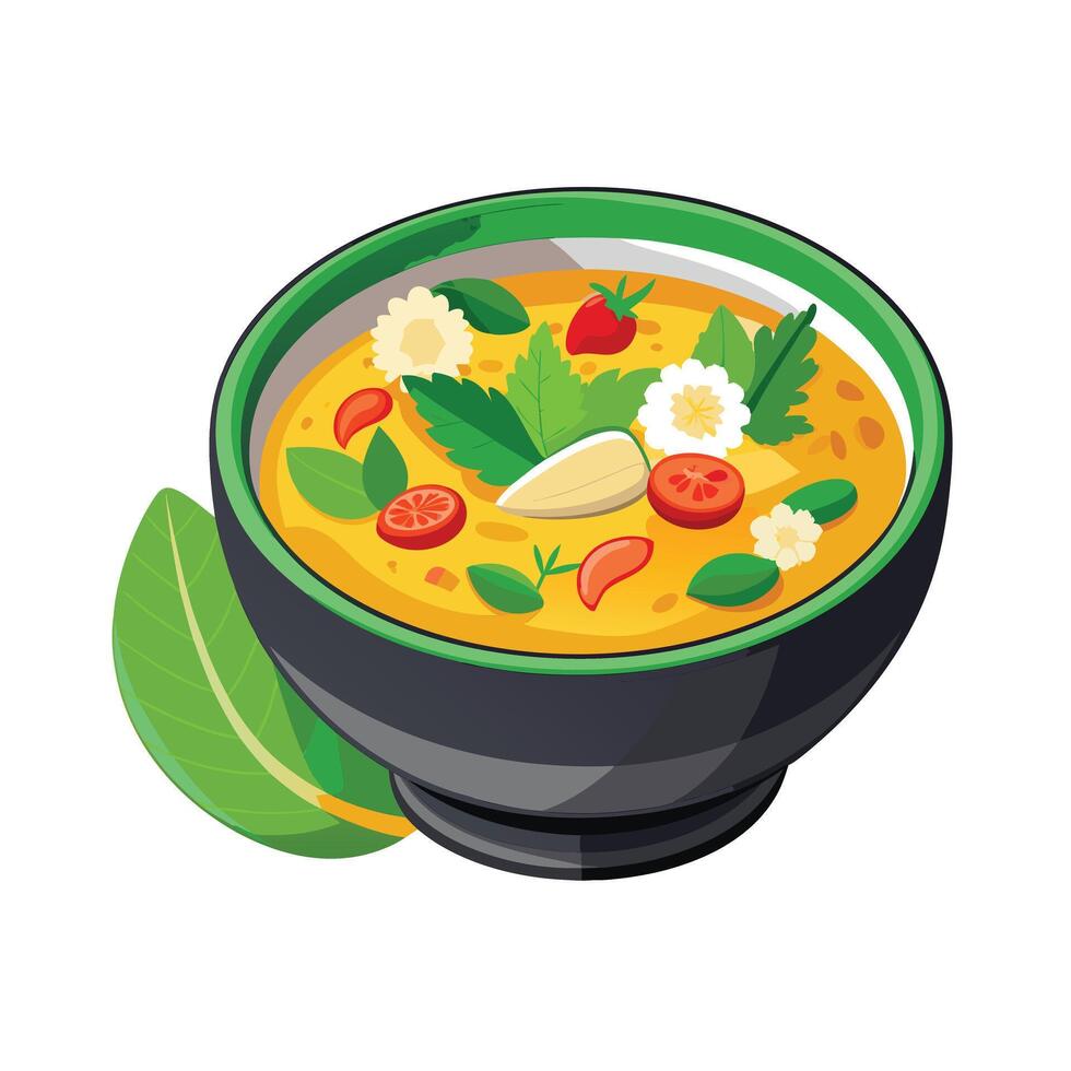 Thai curry soup with vegetables and herbs in a bowl vector