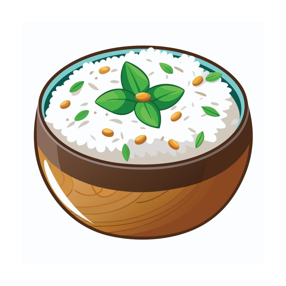 Rice bowl with basil leaves and nuts illustration vector