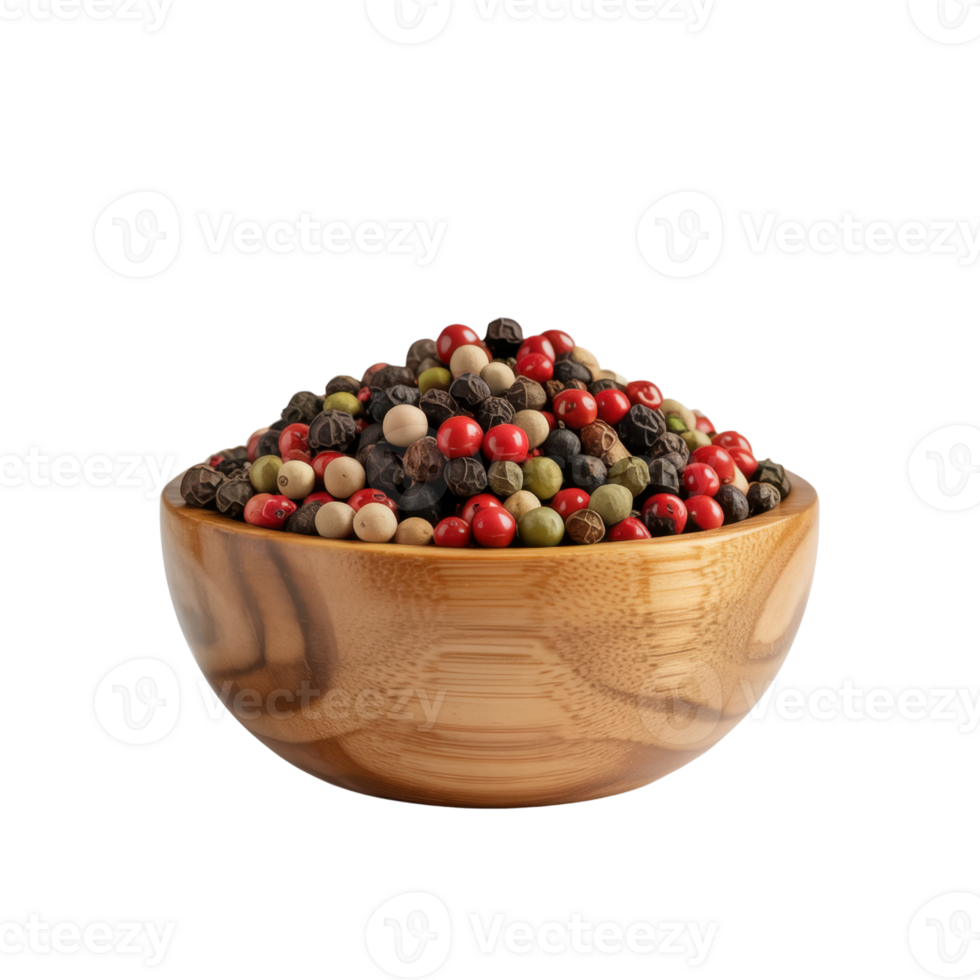Assorted Peppercorns Displayed In A Wooden Bowl With A Transparent Background png