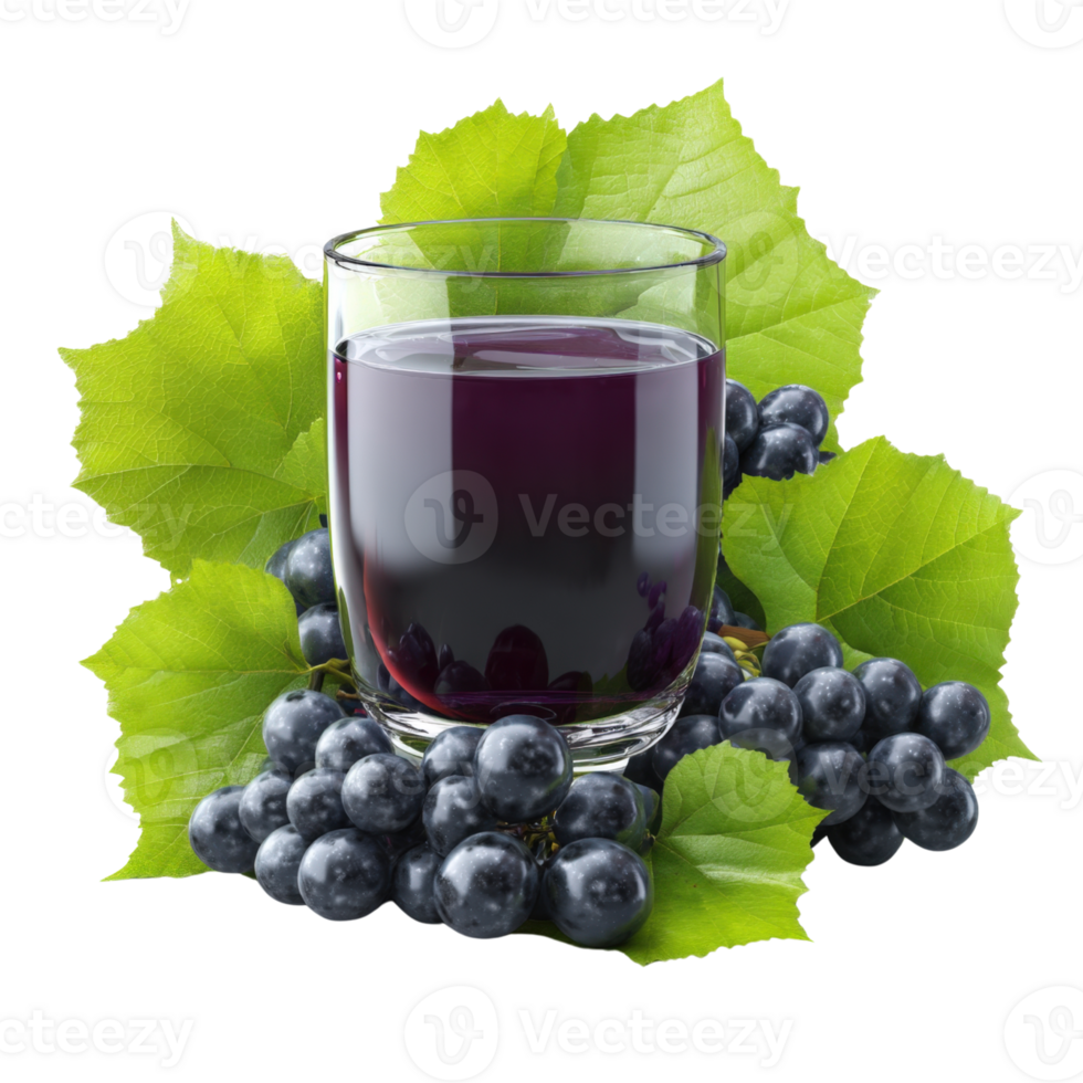 Glass of Grapes Juice Surrounded by Fresh Green Grape Leaves and Dark Purple Grapes isolated on transparent background png