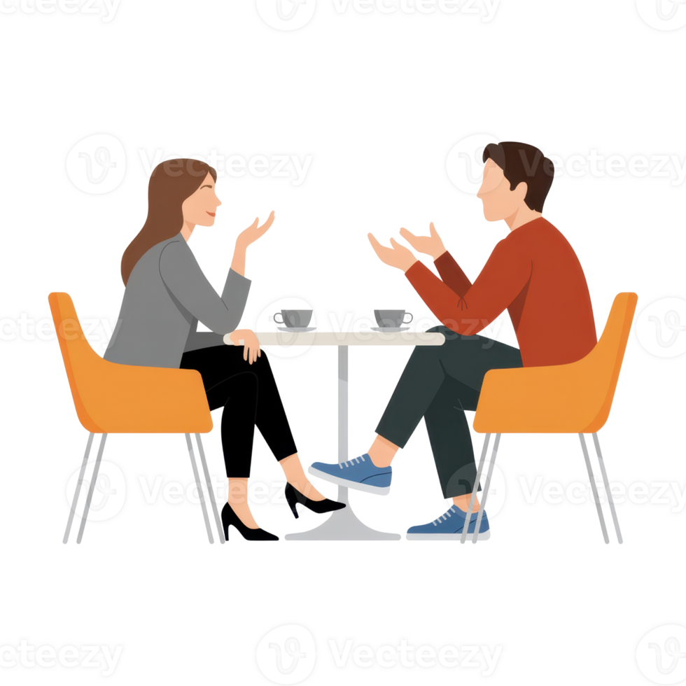 Two Individuals Engaged in Conversation at a Table with Coffee Cups in a Casual Setting on a transparent background png
