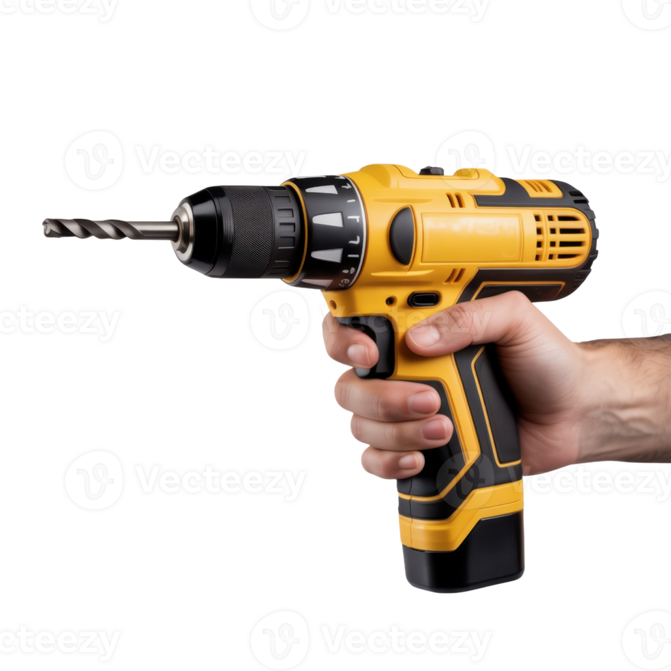 Hand Holding Yellow Power Drill With Metal Bit Against Transparent Background png