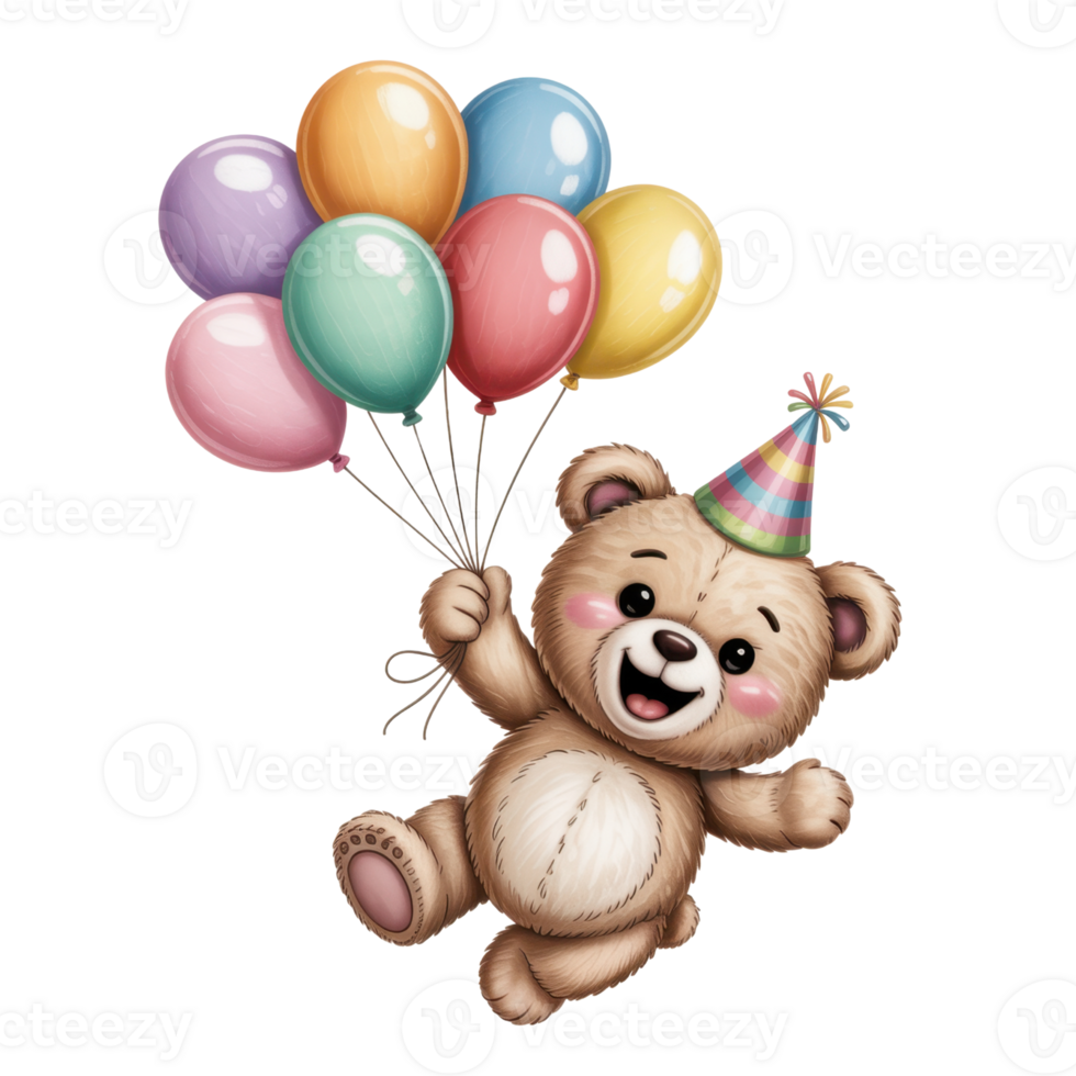Happy Animal Holding Colorful Balloons With Party Hat On Transparent Background png