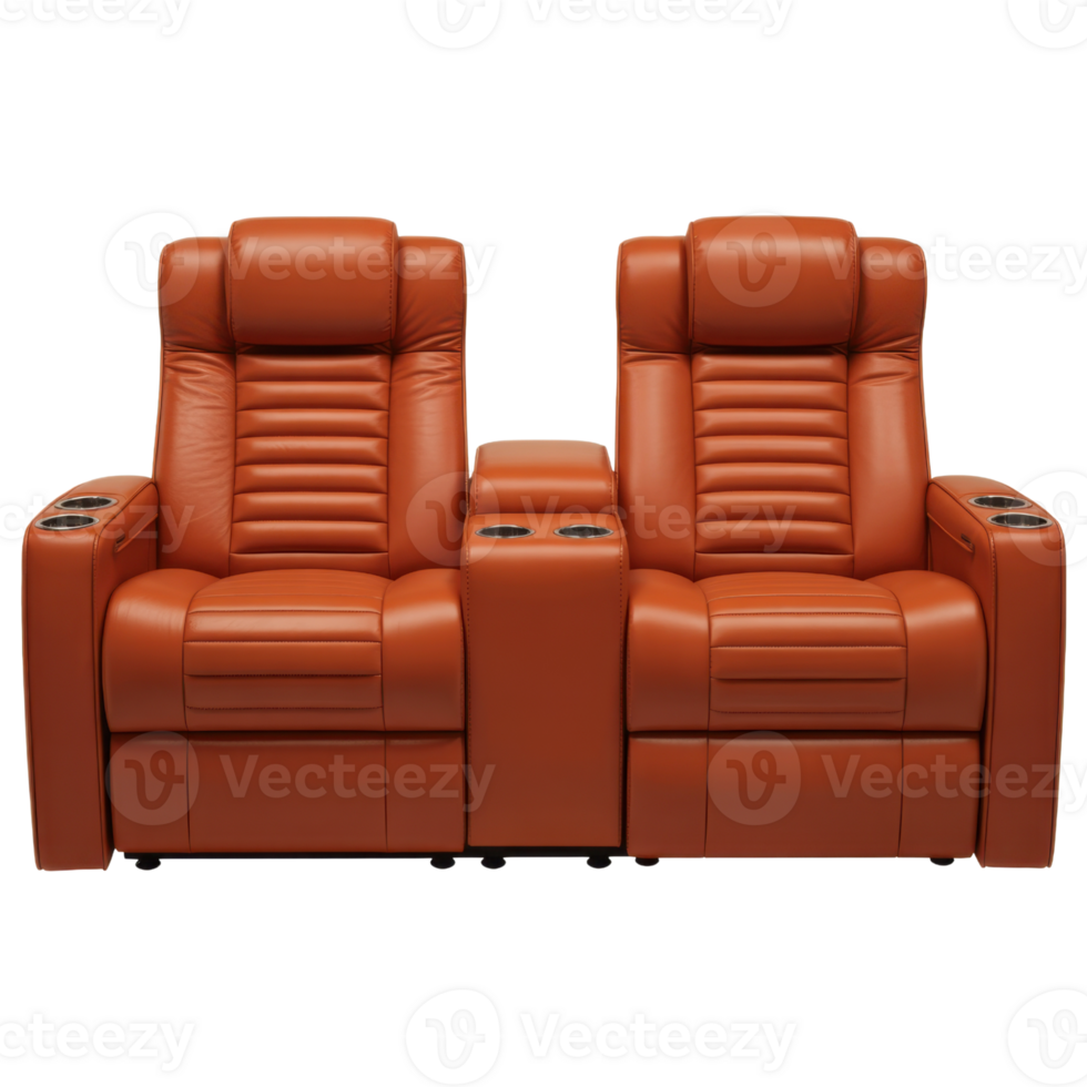 Luxurious Leather Reclining Seating for a Home Theater in a Rich Brown Color with Cup Holders on a transparent background png