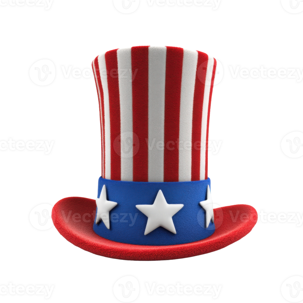 Red White and Blue Patriotic Top Hat with Stars and Stripes Design on a Transparent Background png