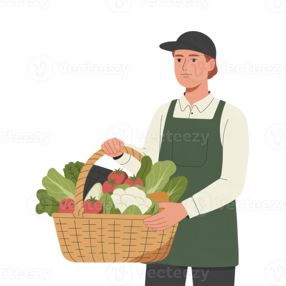 Young Person Holding Basket Full Of Fresh Vegetables And Fruits on a transparent background png