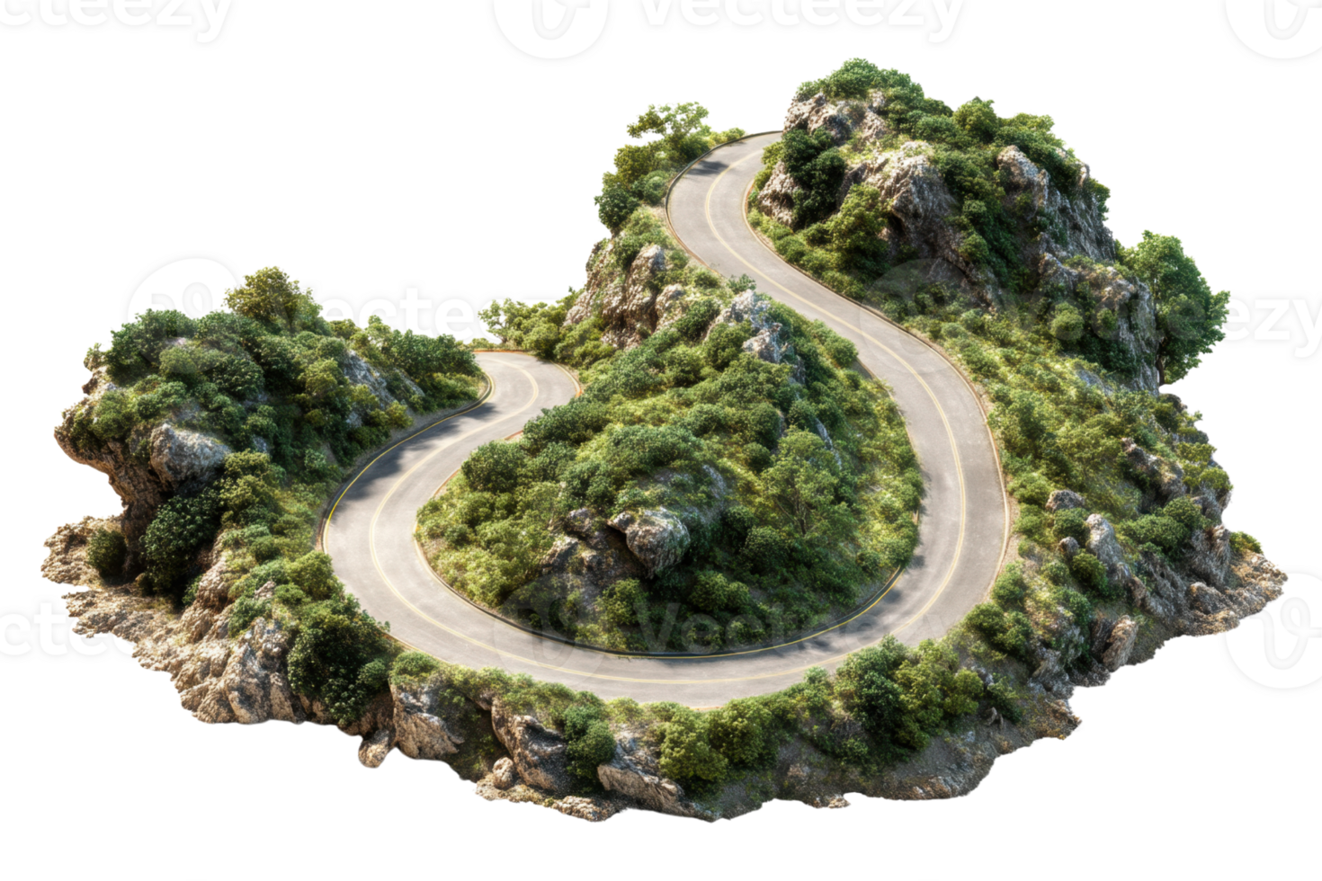 Mountain Road Through Lush Vegetation and Rocky Terrain isolated on transparent background png