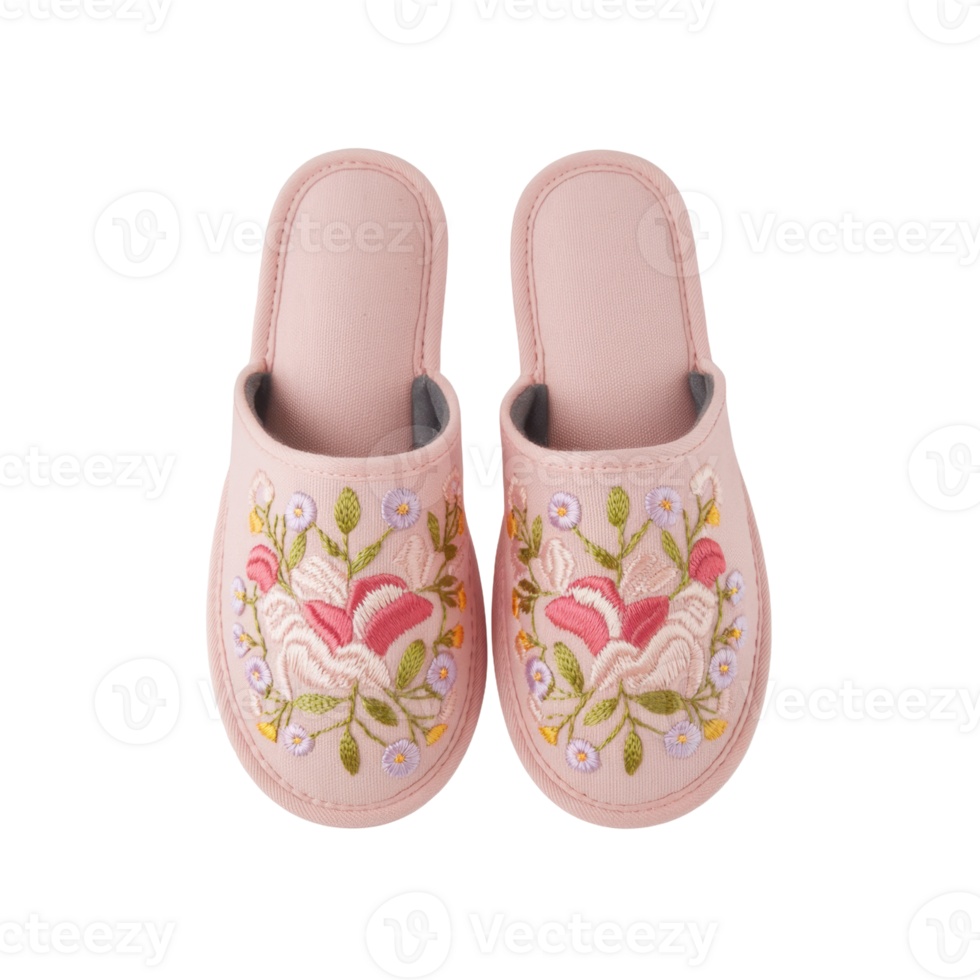 Elegant Pink Embroidered Slippers with Floral Pattern on Transparent Background png